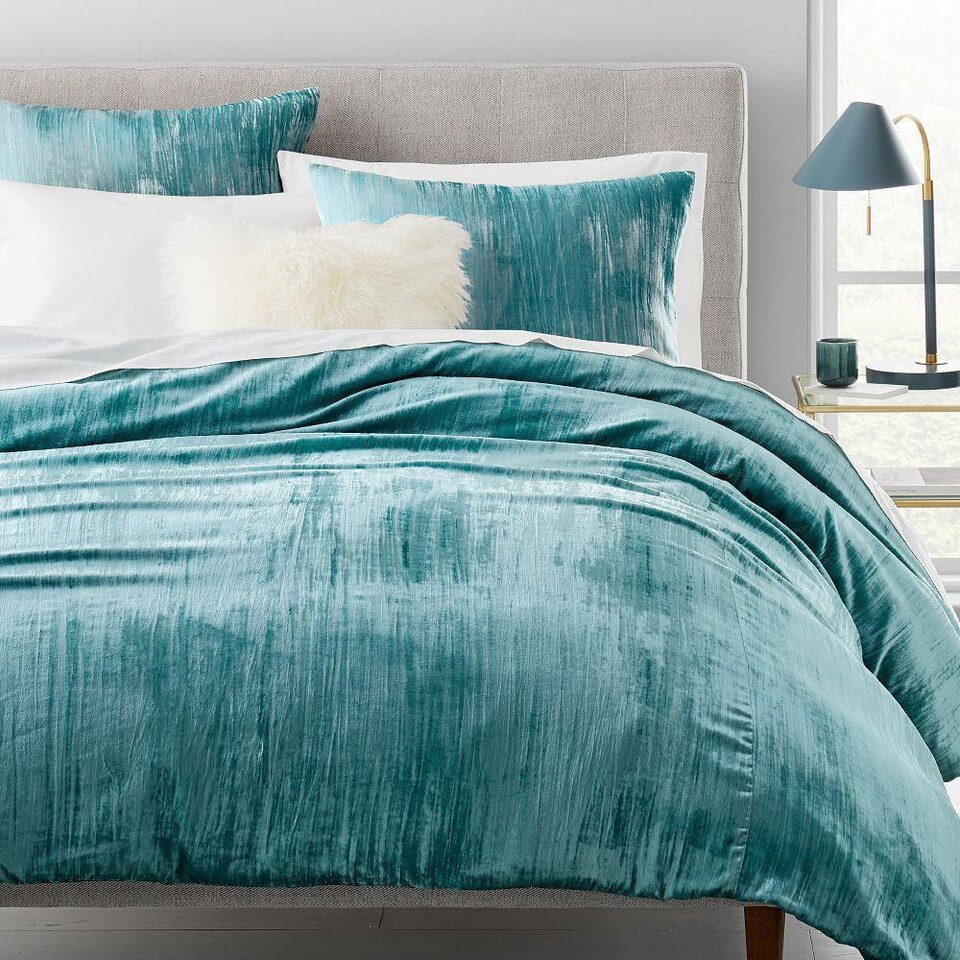 Crinkle Velvet Quilt Cover & Pillowcases Astor Blue West Elm Australia